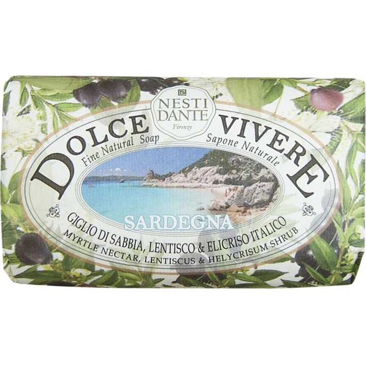 Nesti Dante Dolce Vivere Sardegna 250g naturlig badesæbe i papir med illustration af en kyst og oliven