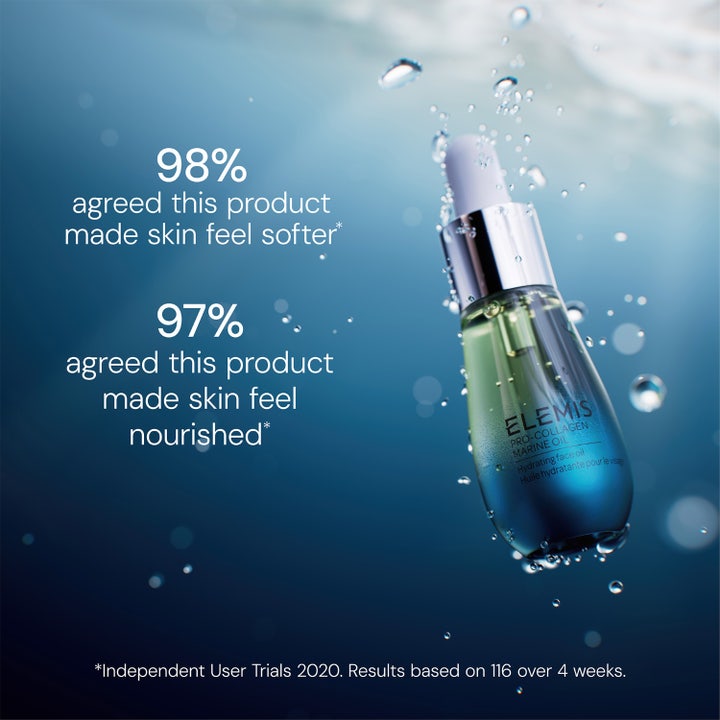 Elemis Pro-Collagen Marine Oil 15 ml fugtgivende ansigtsolie i blå glasflaske med pipette i vand med bobler