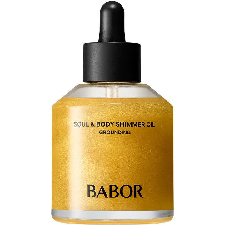Babor Soul & Body Shimmer Oil Grounding kropsolie giver glød i klar glasflaske med sort pipette og gylden glimmerolie