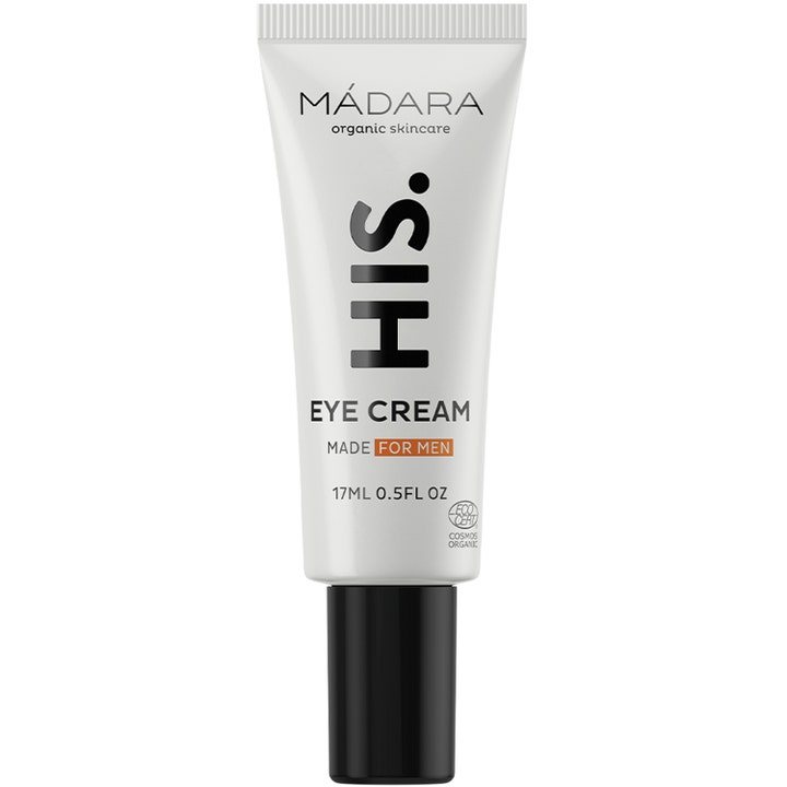 Mádara HIS. Eye Cream 17 ml til mænd i en hvid tube med sort låg mindsker træthedstegn omkring øjnene