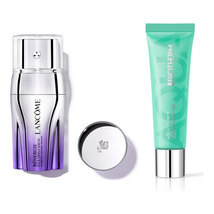 Biotherm Aquasource Hyalu Plump Gel og Lancôme Rénergie H.C.F. Triple Serum i mintgrøn tube og lilla sølvflaske.