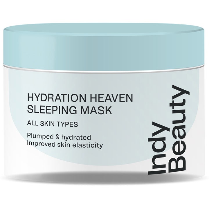 Indy Beauty Hydration Heaven Sleeping Mask fugtgivende ansigtsmaske i hvid krukke med lyseblåt låg giver huden fylde