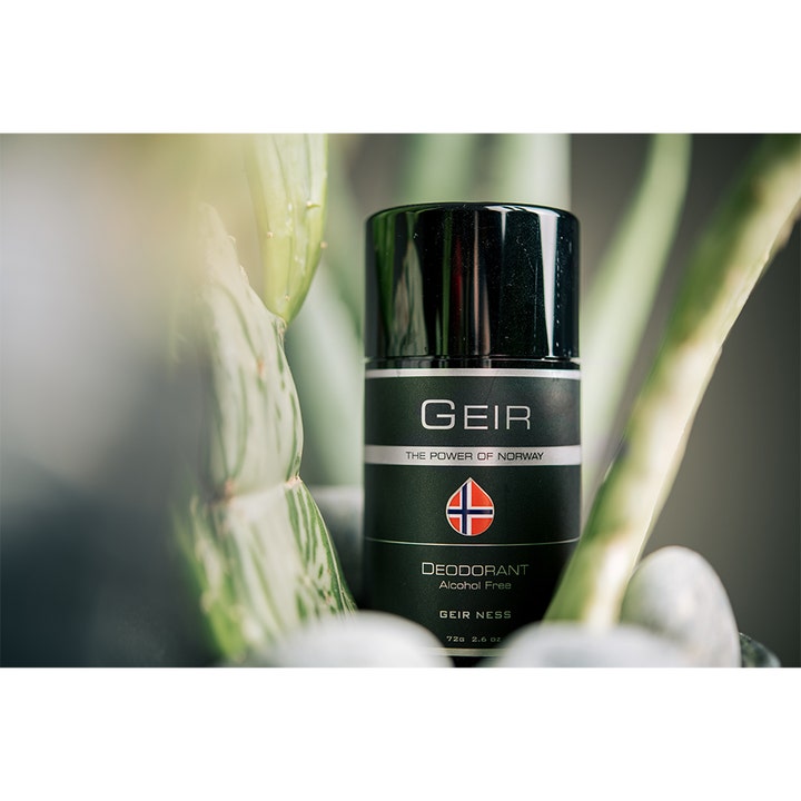 Geir Ness Geir Deostick 72 g alkoholfri deodorant til mænd i sort emballage omgivet af grønne planter og sten.