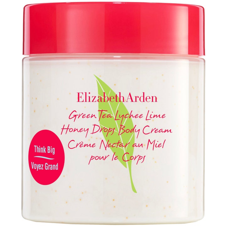 Elizabeth Arden Green Tea Lychee Lime Honey Drops Body Cream kropscreme med orange honningperler i krukke med rødt låg