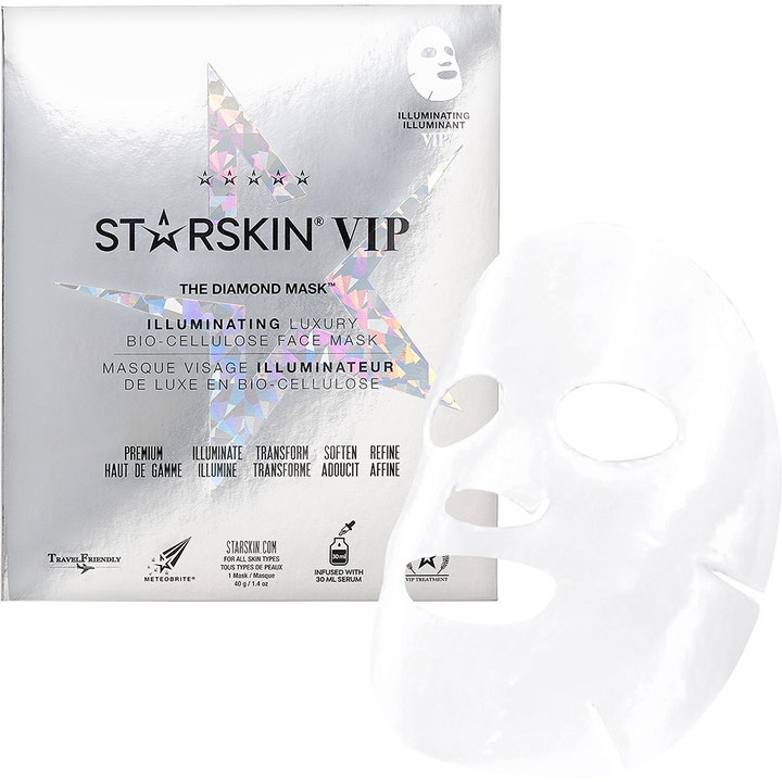 Starskin VIP The Diamond Mask 40 g glødgivende sheet mask i sølvfarvet emballage med hvid ansigtsmaske