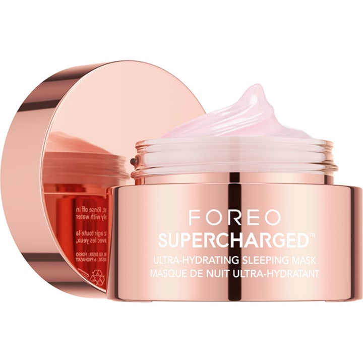 FOREO SUPERCHARGED Ultra-Hydrating Sleeping Mask 75 ml fugtgivende natmaske i rosaguld krukke med lyserød creme