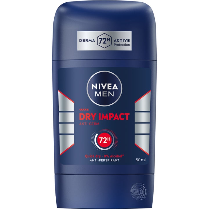 Nivea Men Dry Impact 50 ml antiperspirant giver 72 timers tørhed i mørkeblå stick med sølv og røde detaljer