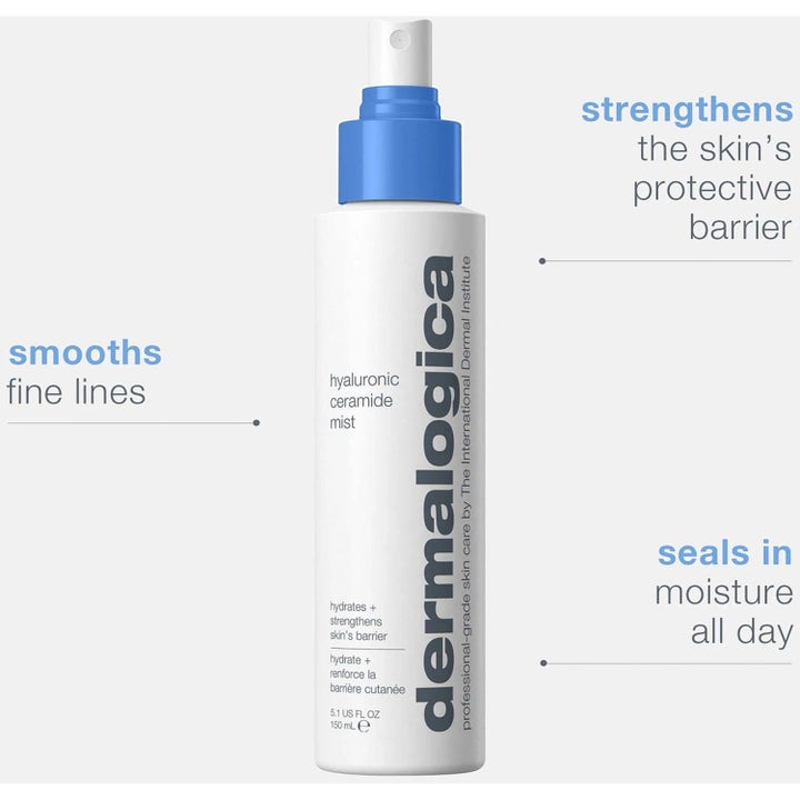 Dermalogica Hyaluronic Ceramide Mist 150 ml fugtgivende ansigtsspray i hvid flaske med blåt låg der styrker huden