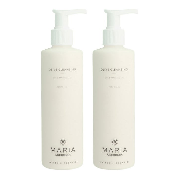 Maria Åkerberg Olive Cleansing Duo rensecreme til tør og moden hud i to hvide flasker med pumpe