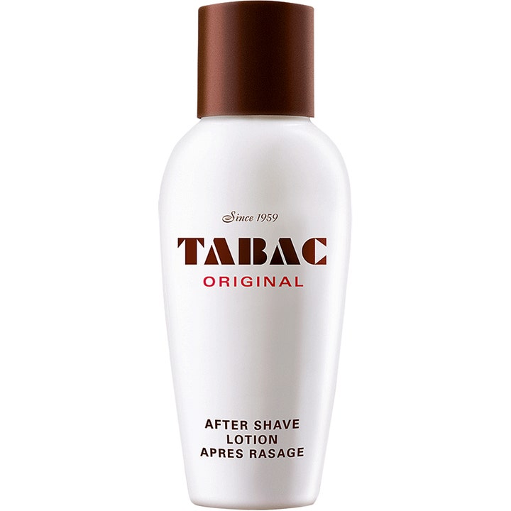 Tabac Original After Shave Lotion beroligende hudpleje efter barbering i en hvid flaske med brunt skruelåg