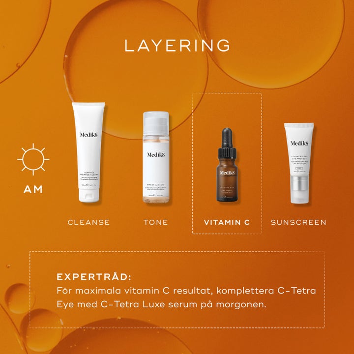 Medik8 C-Tetra Eye 7 ml øgonserum med C-vitamin fremhævet i en morgenrutine med fokus på layering.