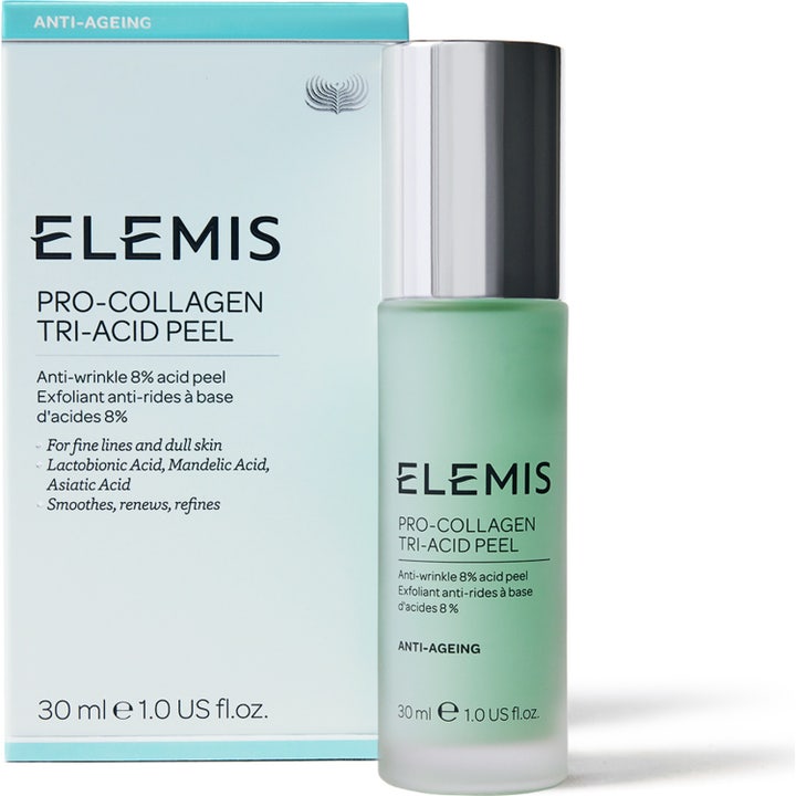 Elemis Pro-Collagen Tri-Acid Peel 30 ml anti-ageing peeling i frostet grøn flaske med sølvlåg og lyseblå æske