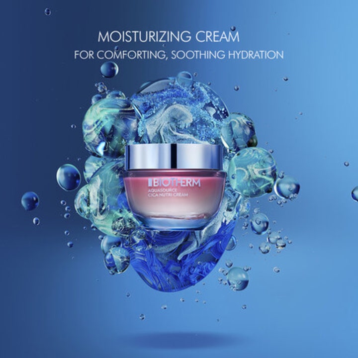 Biotherm Aquasource Cica Nutri 50 ml fugtgivende dagcreme i lyserød glaskrukke omgivet af friske vandbobler.