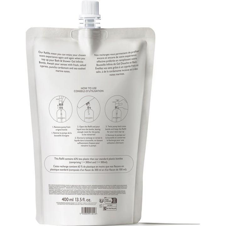Molton Brown Coastal Cypress & Sea Fennel 400 ml refillpose til showergel med brugsanvisning på bagsiden