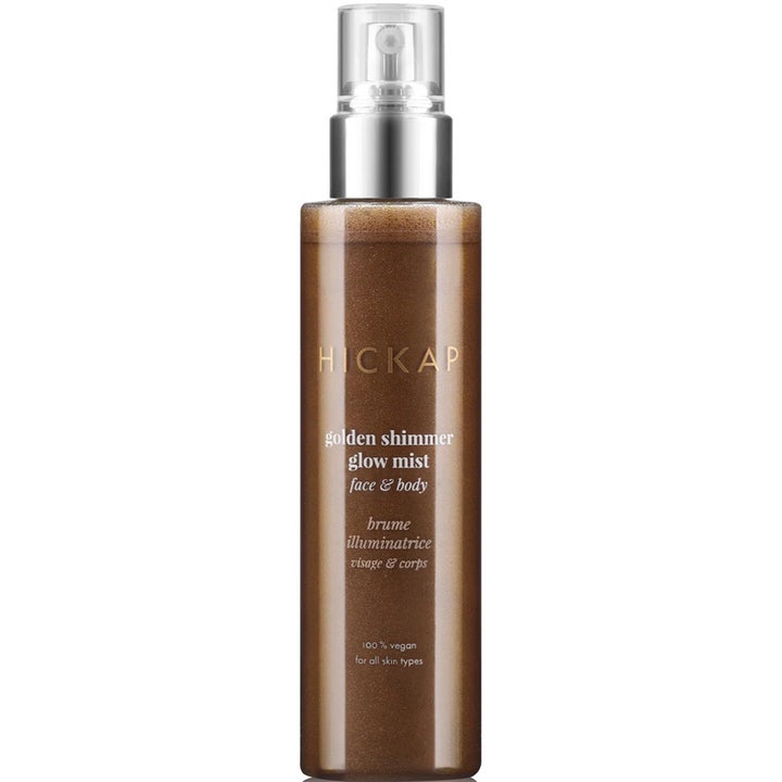 Hickap Golden Shimmer Glow Mist 100 ml glødgivende spray i bronzebrun flaske med sølvpumpe og guldglimmer.
