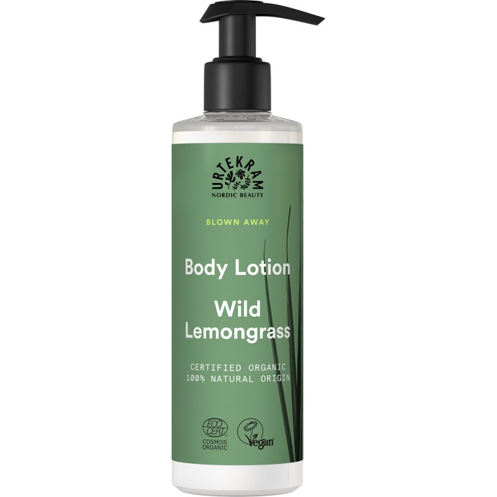 Urtekram Wild Lemongrass Body Lotion fugtgivende kropscreme i klar plastflaske med sort pumpe og grøn etiket