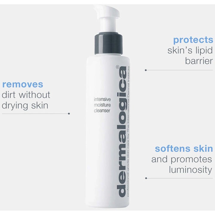 Dermalogica Intensive Moisture Cleanser 150 ml fugtgivende ansigtsrens i hvid pumpeflaske med infografik