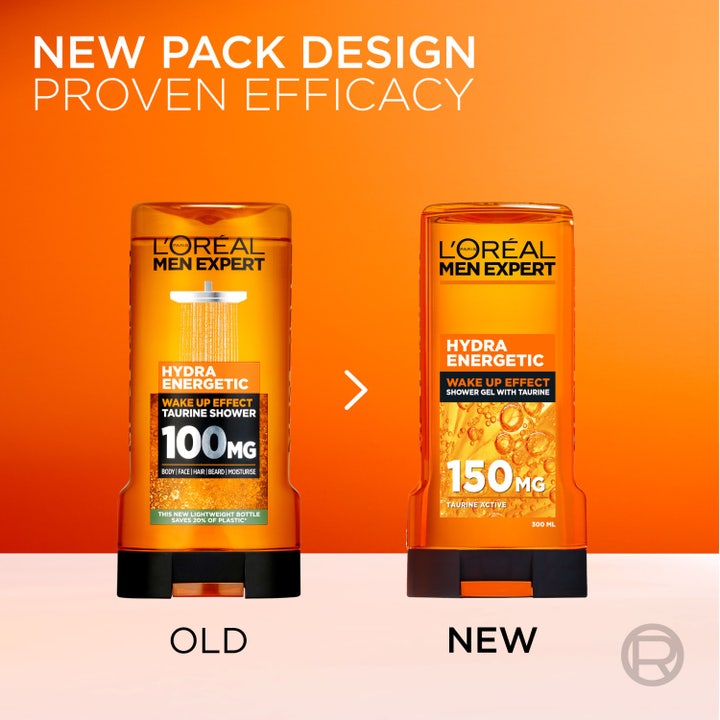 L'Oréal Paris Men Expert Hydra Energetic 300 ml showergel med taurin i en klar orange geltekstur med små luftbobler