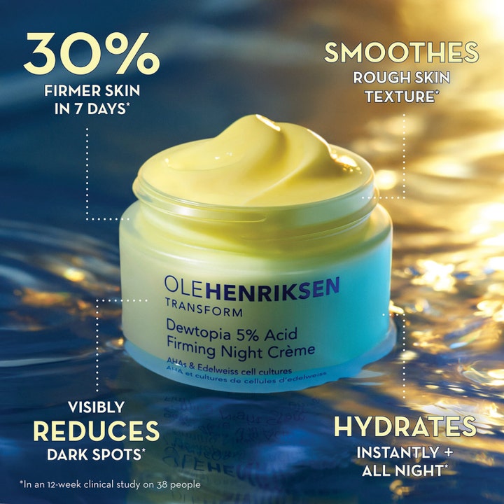 Ole Henriksen Dewtopia 5% Acid Firming Night Crème 50 ml opstrammende natcreme med gul tekstur i en blå krukke
