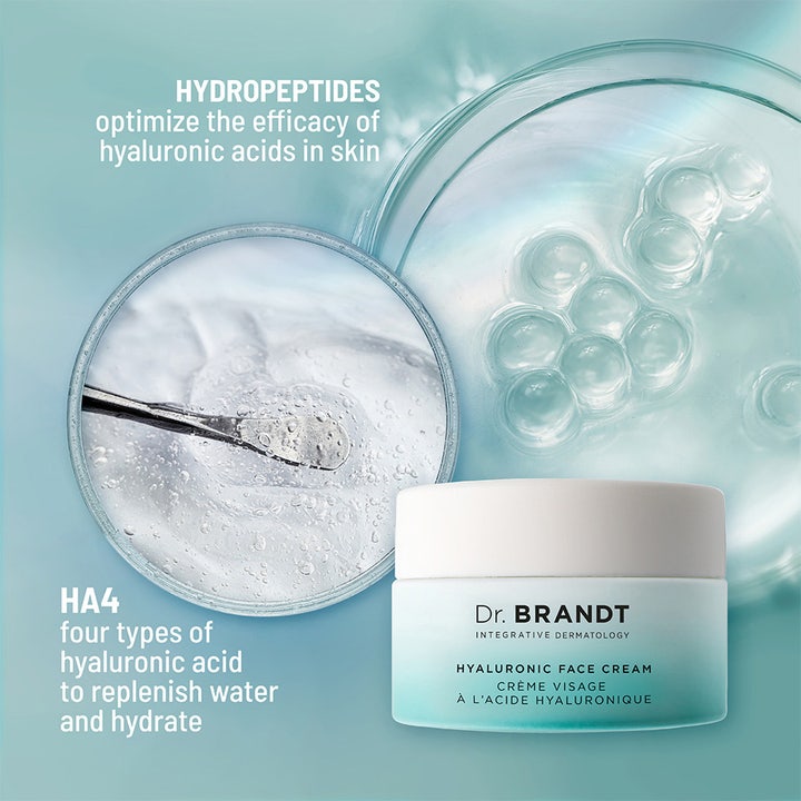 Dr Brandt Hyaluronic Face Cream 50 g fugtgivende ansigtscreme i blå krukke med hydropeptider og HA4 geltekstur