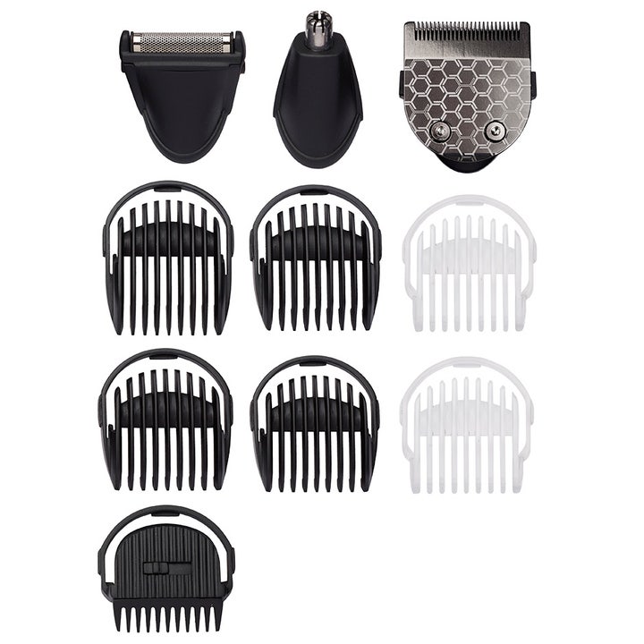 BaByliss Carbon Titanium 10-in-1 1 stk skægtrimmer med sorte og hvide afstandskamme og trimmerhoveder til styling.