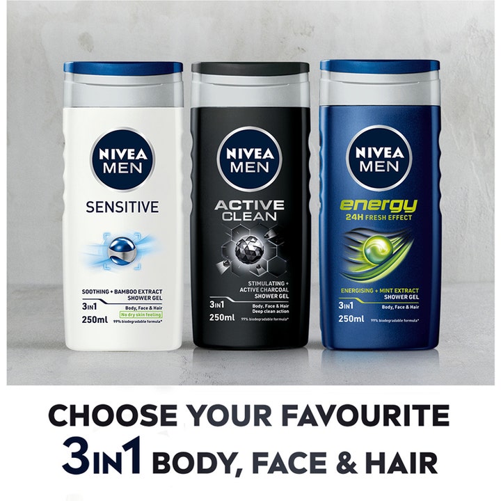 NIVEA MEN Active Clean 250 ml shower gel vist med Sensitive og Energy flasker til krop ansigt og hår