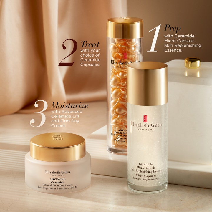 Elizabeth Arden Ceramide Lift & Firm Day Cream 50 ml opstrammende dagcreme i en rutine med guldprodukter