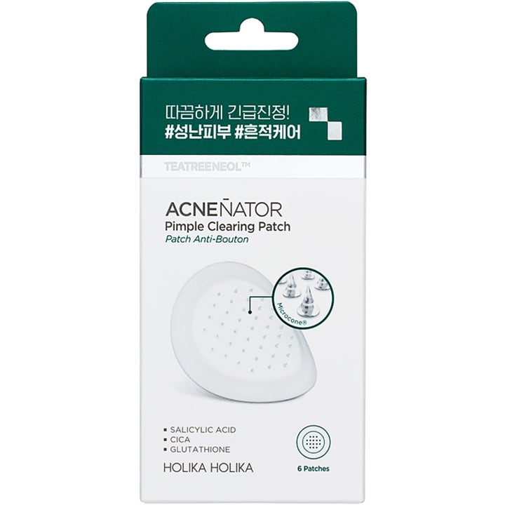Holika Holika Acnenator Pimple Clearing Patch 6 stk modvirker urenheder i en grøn og hvid æske med mikrokon-teknologi
