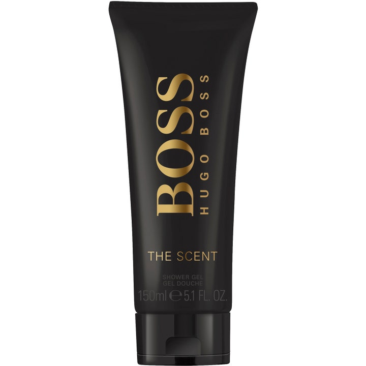 Hugo Boss The Scent 150 ml showergel der opfrisker huden i en elegant sort tube med detaljer i guld.