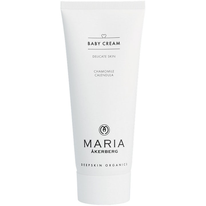 Maria Åkerberg Baby Cream plejende creme til sart hud i en hvid tube med beroligende kamille og morgenfrue.
