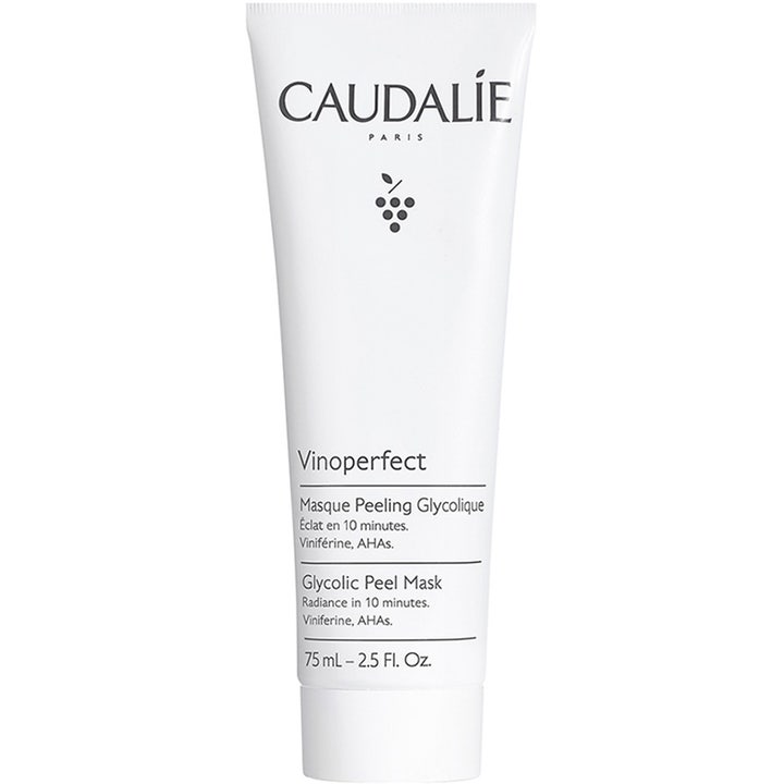 Caudalíe Vinoperfect 75 ml eksfolierende ansigtsmaske i hvid tube tilføjer glød med AHA syre