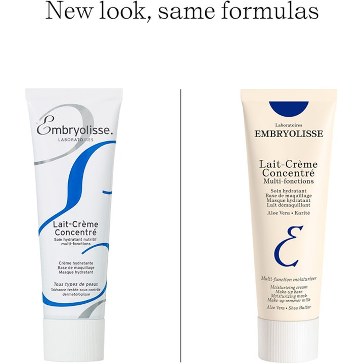 Embryolisse Lait Creme Concentre 75 ml fugtgivende ansigtscreme viser nyt og gammelt design på tuben