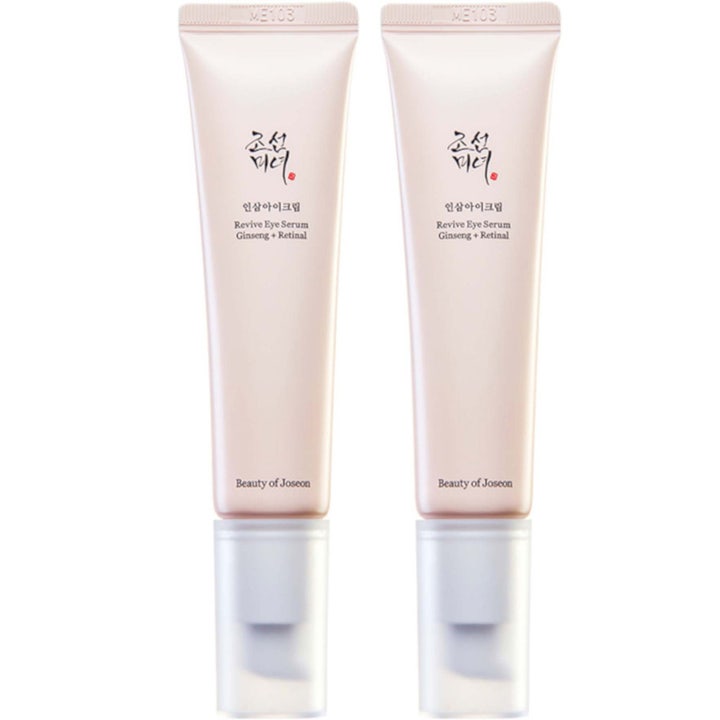 Beauty of Joseon Revive Eye Serum Ginseng + Retinal mod rynker i to lysebeige tuber med hvide pumpehætter