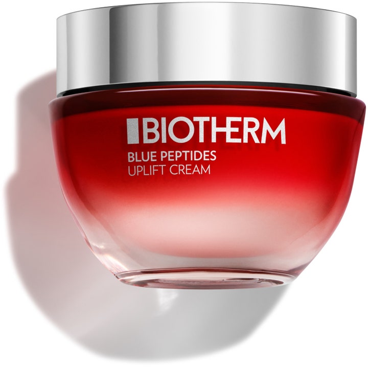 Biotherm Blue Peptides Uplift Cream 50 ml opstrammende ansigtscreme i rød glasrukke med sølvlåg