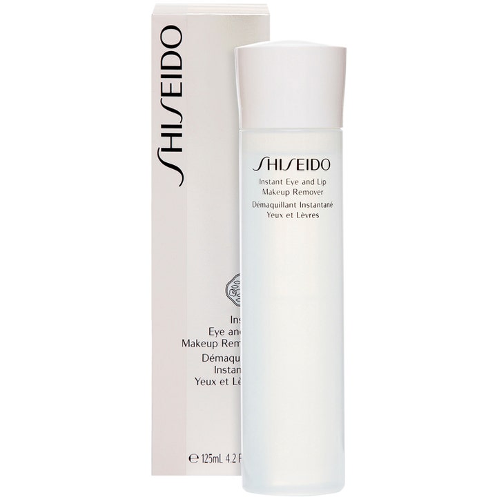 Shiseido The Skincare Instant Eye & Lip Makeup Remover 125 ml i hvid flaske med matchende hvidt låg og æske.
