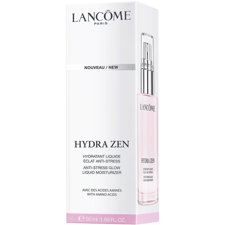 Lancôme Hydra Zen Liquid Moisturizer 50 ml fugtgivende dagcreme for glød i hvid æske med billede af flasken