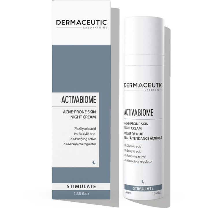 Dermaceutic Activabiome 40 ml natcreme til akneudsat hud i hvid tube og æske med salicylsyre og glykolsyre.