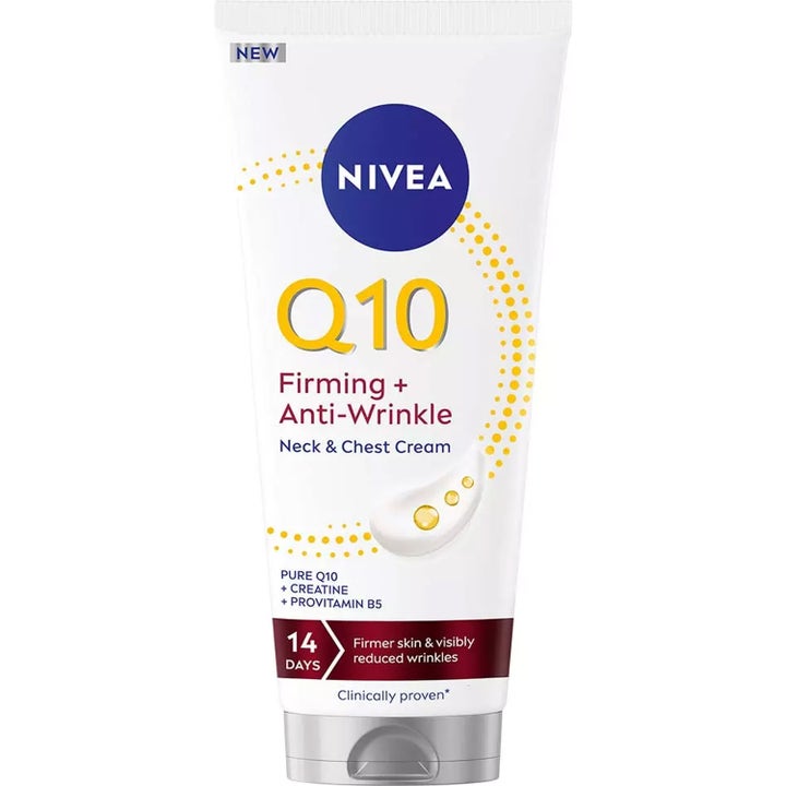 Nivea Q10 Firming + Anti-Wrinkle Neck & Chest Cream 100ml opstrammende creme i hvid tube med gult Q10 logo