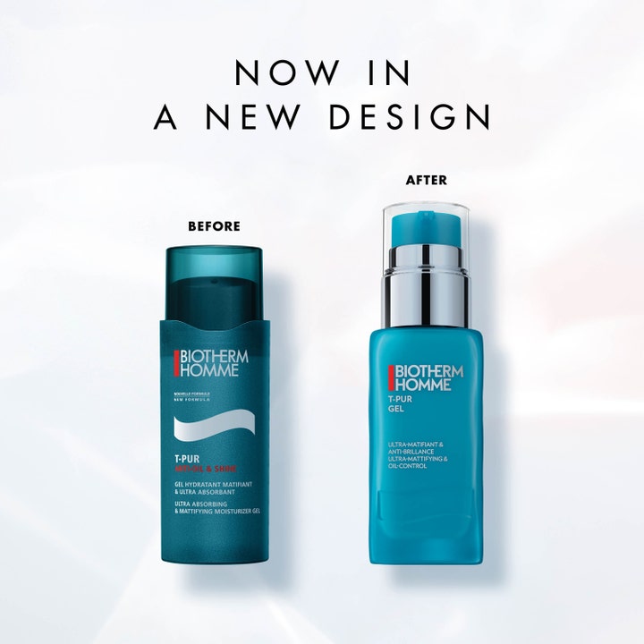 Biotherm T-Pur Anti Oil & Shine Gel 50 ml matterende gel viser nyt design med sølvpumpe ved siden af den gamle flaske.