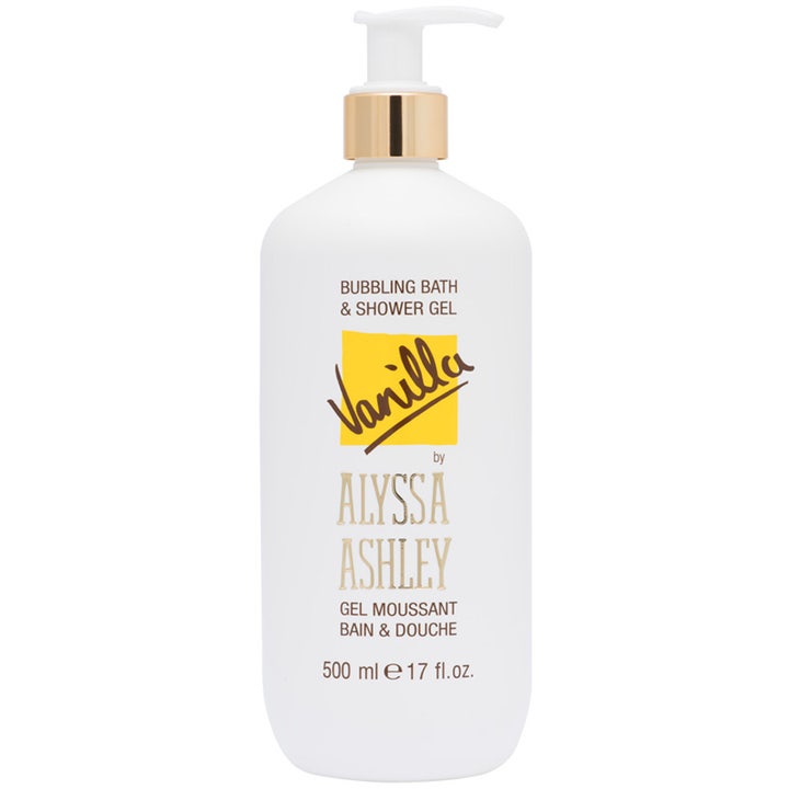 Alyssa Ashley Vanilla Bubbling Bath & Shower Gel 500 ml velduftende badegel i hvid plastflaske med pumpe og gulddetalje