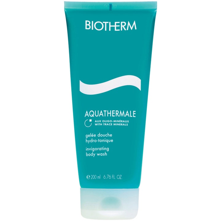 Biotherm Aquathermale 200 ml forfriskende kropsvask i en turkisblå tube med hvid bølgegrafik og mat låg.