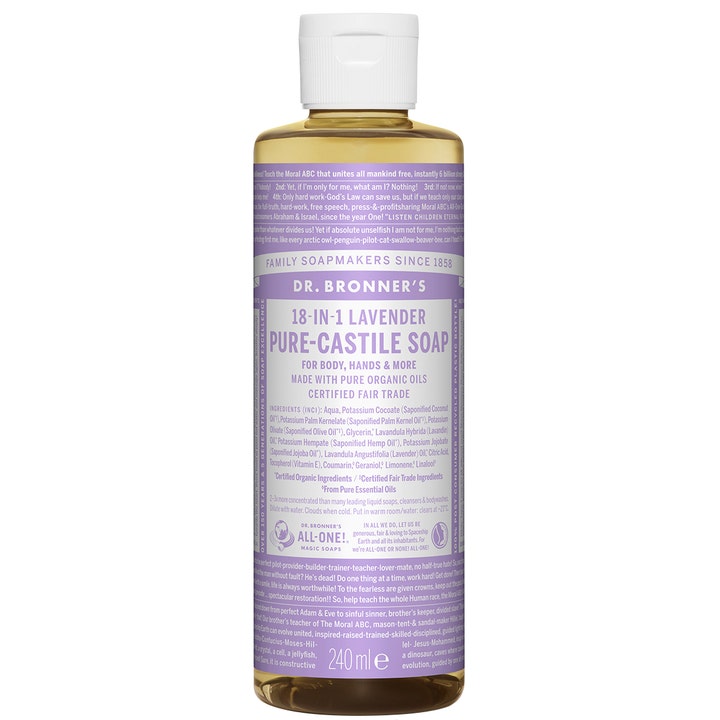 Dr. Bronner's 18-in-1 Lavender Pure-Castile Soap 240 ml beroligende universalsæbe i plastflaske med lilla etiket