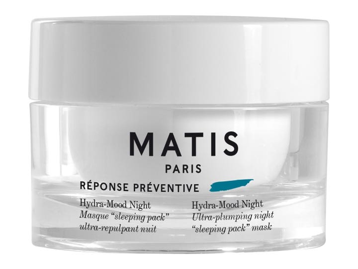 Matis Réponse Préventive Hydra-Mood Night 50 ml fugtgivende natmaske i en klar glaskrukke med hvidt låg