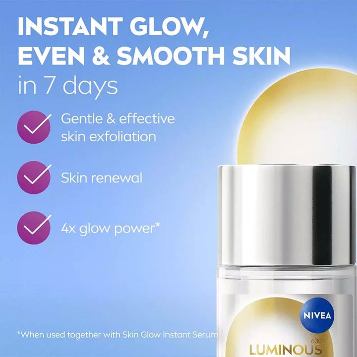 NIVEA Luminous630 Skin Glow Liquid 100 ml eksfoliering giver jævn hud og glød vist med sølvlåg og infotekst.