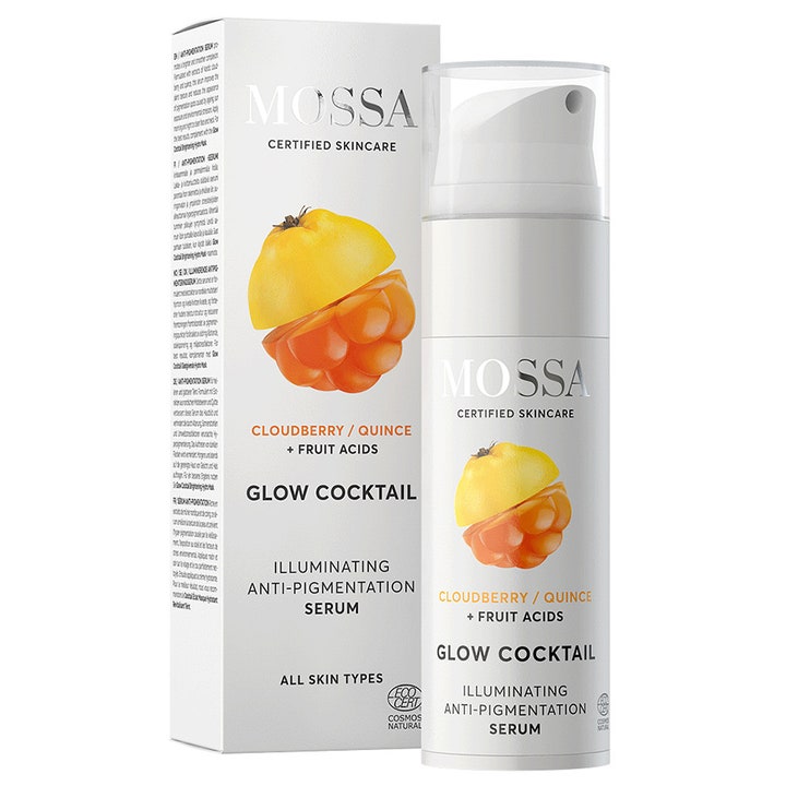 Mossa Glow Cocktail 25 ml serum mod pigmentpletter i hvid pumpeflaske og æske med bær og frugt.