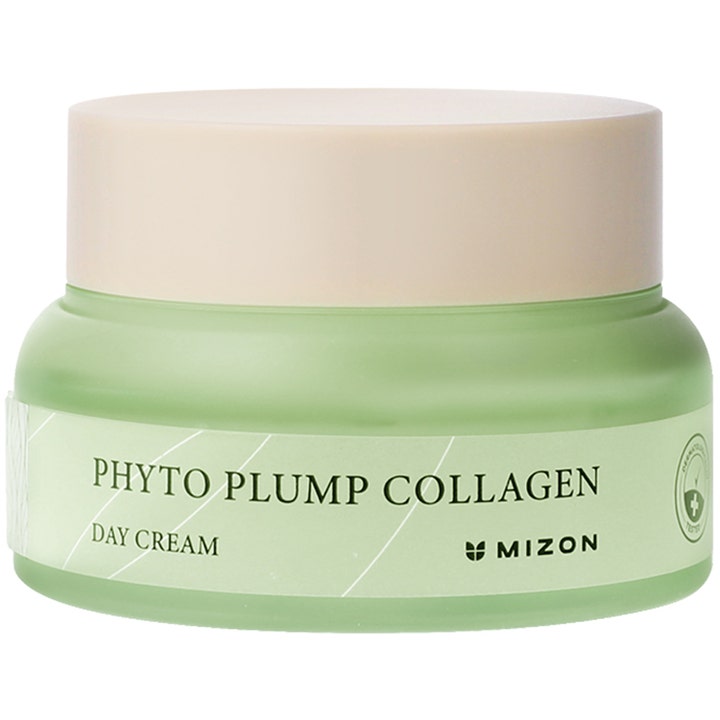 Mizon Phyto Plump Collagen Day Cream fugtgivende dagcreme i grøn krukke af matteret glas med beige låg.