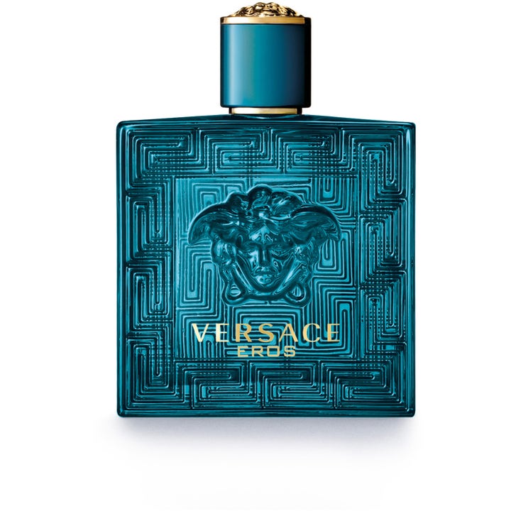 Versace Eros frisk herreparfume i turkisblå glasflakon med indgraveret labyrintmønster og Medusa-hoved