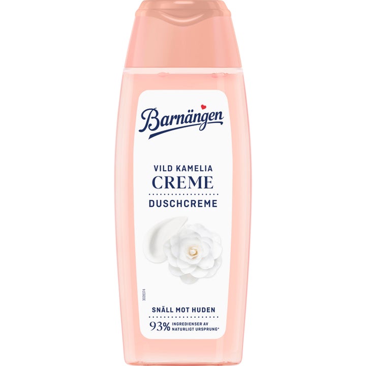 Barnängen Vild Kamelia Creme Duschcreme 250 ml plejende kropsvask i ferskenfarvet plastflaske med hvid blomst