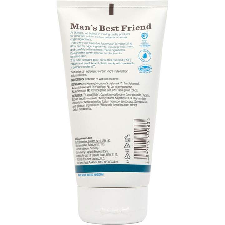 Bulldog Sensitive Face Wash 150 ml mild ansigtsrengøring på hvid tube med ingrediensliste og vegansk logo.