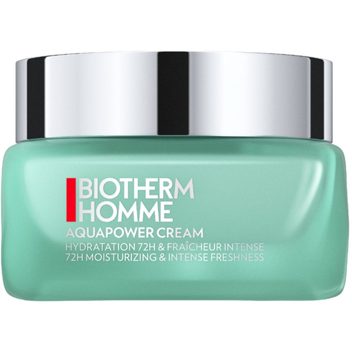 Biotherm Homme Aquapower Cream 50 ml fugtgivende ansigtscreme i turkisgrøn krukke med sølvlåg der giver masser af fugt